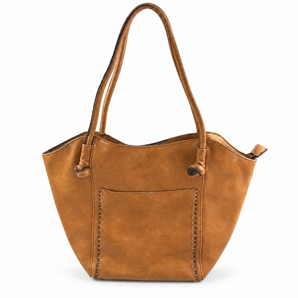 Vintage Y2K Tan Brown Distressed Leather Whipstitch Tote Shoulder Bag Purse